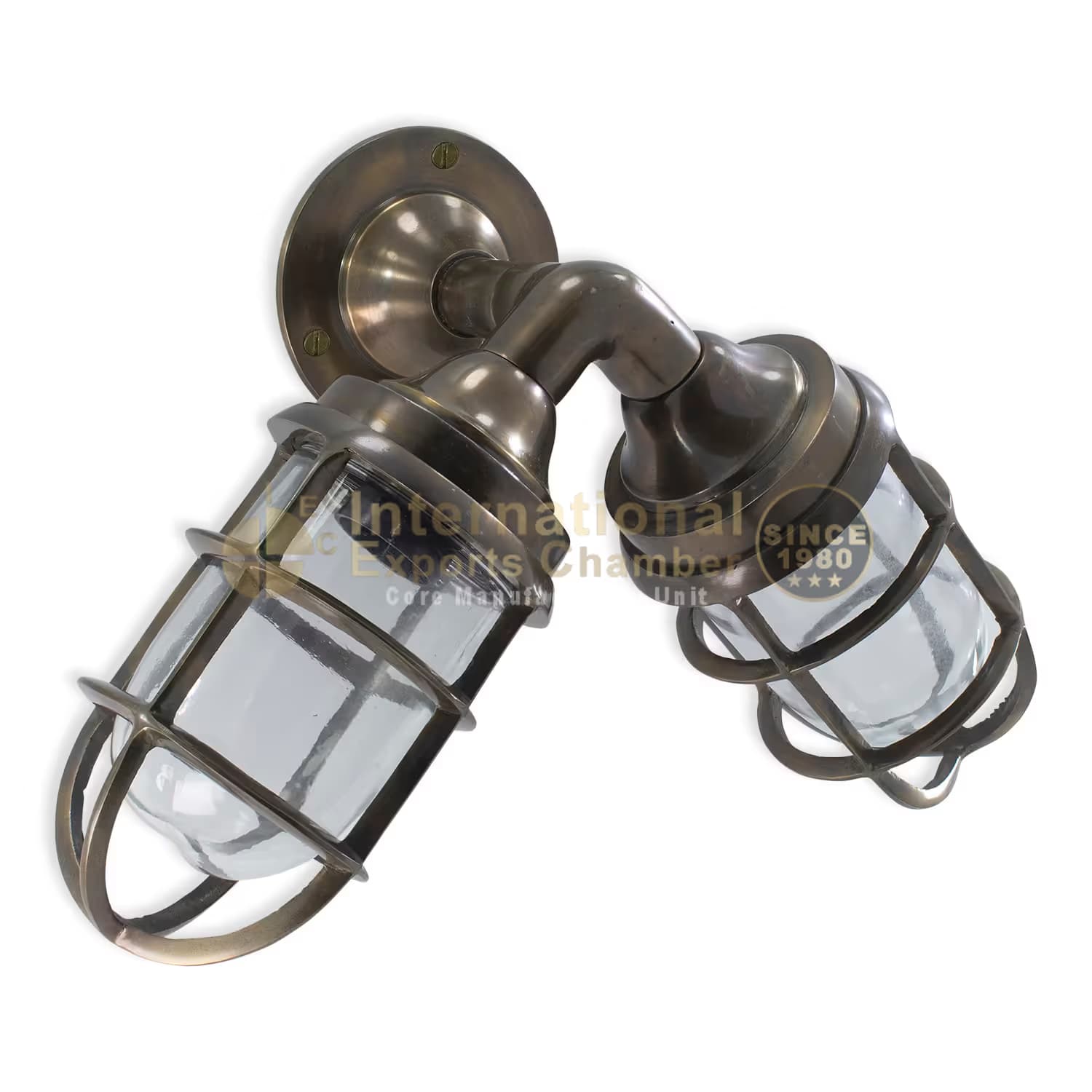 Aluminium Twin Caged Bulkhead L39.5cm/15.5" Wall Light - Antique Brass Finish - Industrial Marine Porch & Passage Vintage Outdoor/Indoor Sconce/Lamp