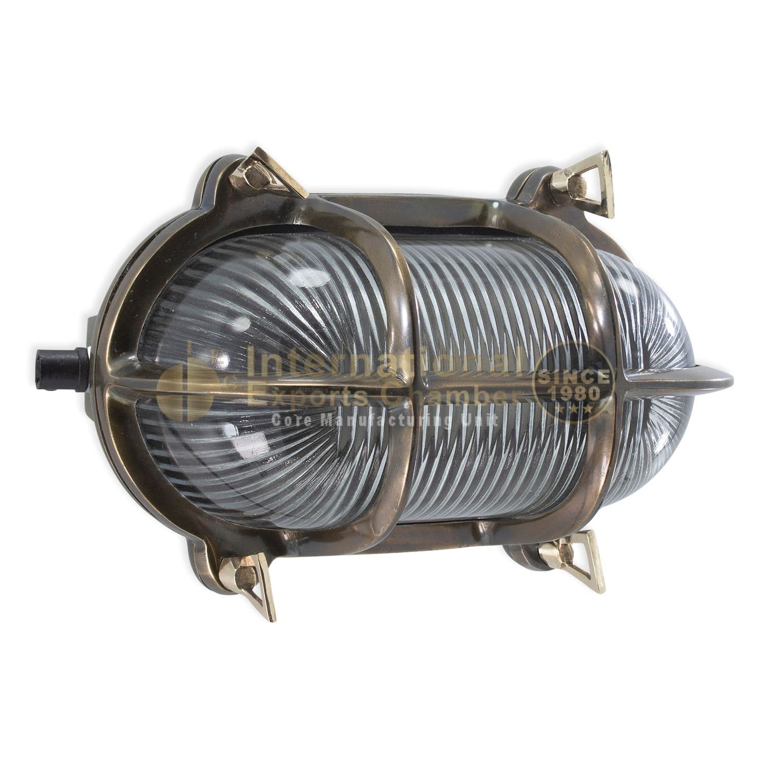 Solid Aluminium Oval L23cm/9.1" Wall Light - Antique Brass Finish - Vintage Caged Bulkhead Wall Mount - Ribbed Prismatic Glass Nautical Marine Sconce - Industrial Outdoor/Indoor Lamp