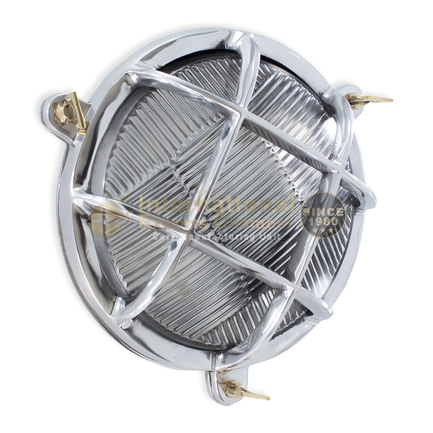 Solid Aluminium Round Porthole D25cm/9.8" Wall Light - Mirror Polished - Vintage Caged Bulkhead Wall Mount - Ribbed Glass Nautical Marine Sconce - Industrial Outdoor/Indoor Lamp